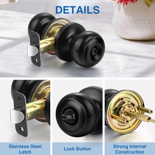 Sopoby Privacy Door Knob, 10 Pack Matte Black Round Keyless Doorknobs Interior/Exterior Lockset, Privacy Locking Door Knobs for Bedroom/Bathroom, Black Modern Design Door Hardware - Image 7