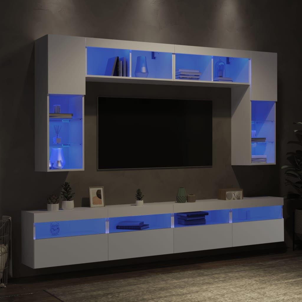 Meubles TV muraux 8 pcs avec lumières LED blanc rangement salon suspendu