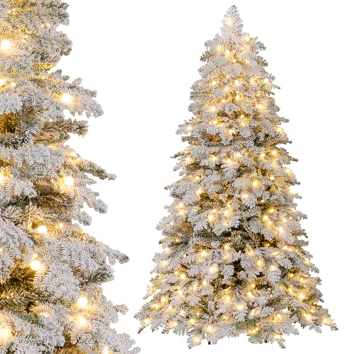 COSTWAY Árvore de Natal nevada 180 cm, árvore de Natal com luzes incorporadas, 130 bolinhas cintilantes, 260 luzes LED, branco quente, 8 modos, 616 pontas de PVC e PE, árvore de Natal W/Light (180 cm)