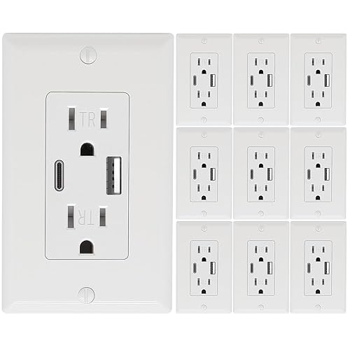 Paquete de 10 tomacorrientes de pared de 15 amperios, listado UL, puerto USB C y USB A, prueba automática con indicador LED, receptáculo resistente