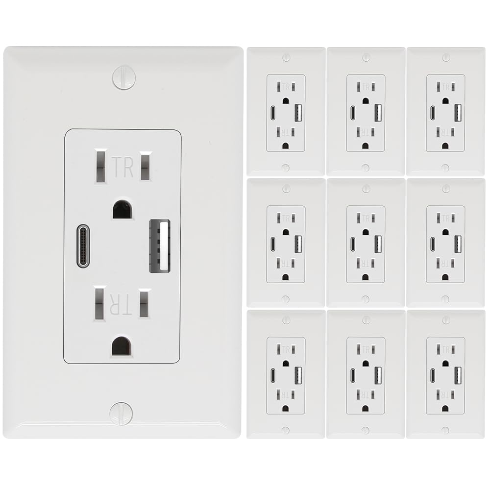 10 Pack - POWAWINI Wall Outlet 15 Amp UL Listed USB C USB A Port Self-Test with LED