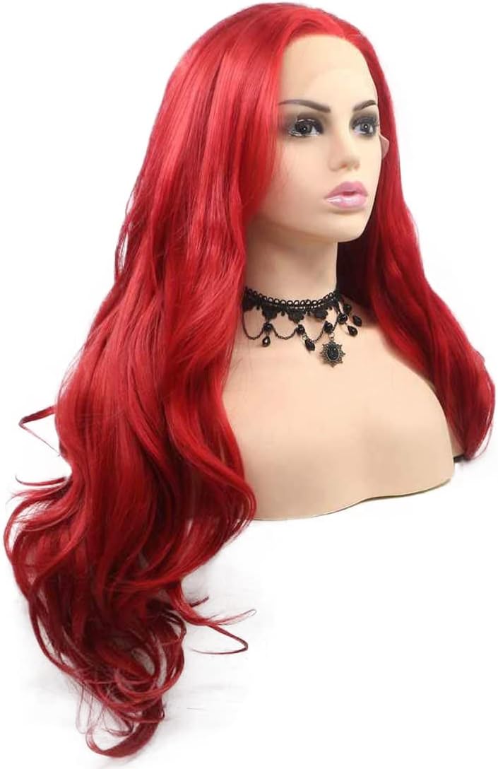 Red Lace Front Wig Long Wavy Colorful Wigs for Black Women Pastel Realistic Wig Hairline Glueless Synthetic Heat Resistant Hair Party Wig UK 24 Inch - Image 5