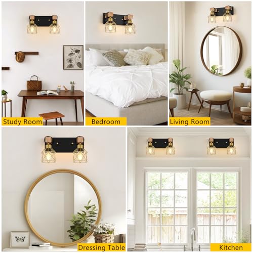 Image of FadimiKoo Rustic Style Wood Bathroom Wall Sconces, 2-Light Black Gold Bathroom Vanity Light Fixtures with Metal Shade, Light Fixtures Wall Mount for Living Room, Hallway, Dressing Table