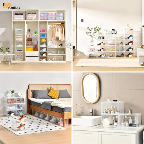 Image of Amllas 8 Pack Shoe Boxes Clear Plastic Stackable, Large Shoe Storage Organizer with Lids,Drop Side Shoe Containers for Entryway,Sneaker Storage Fit up to US Size 13 (13''x 10.6 inchx 8.3 inch)