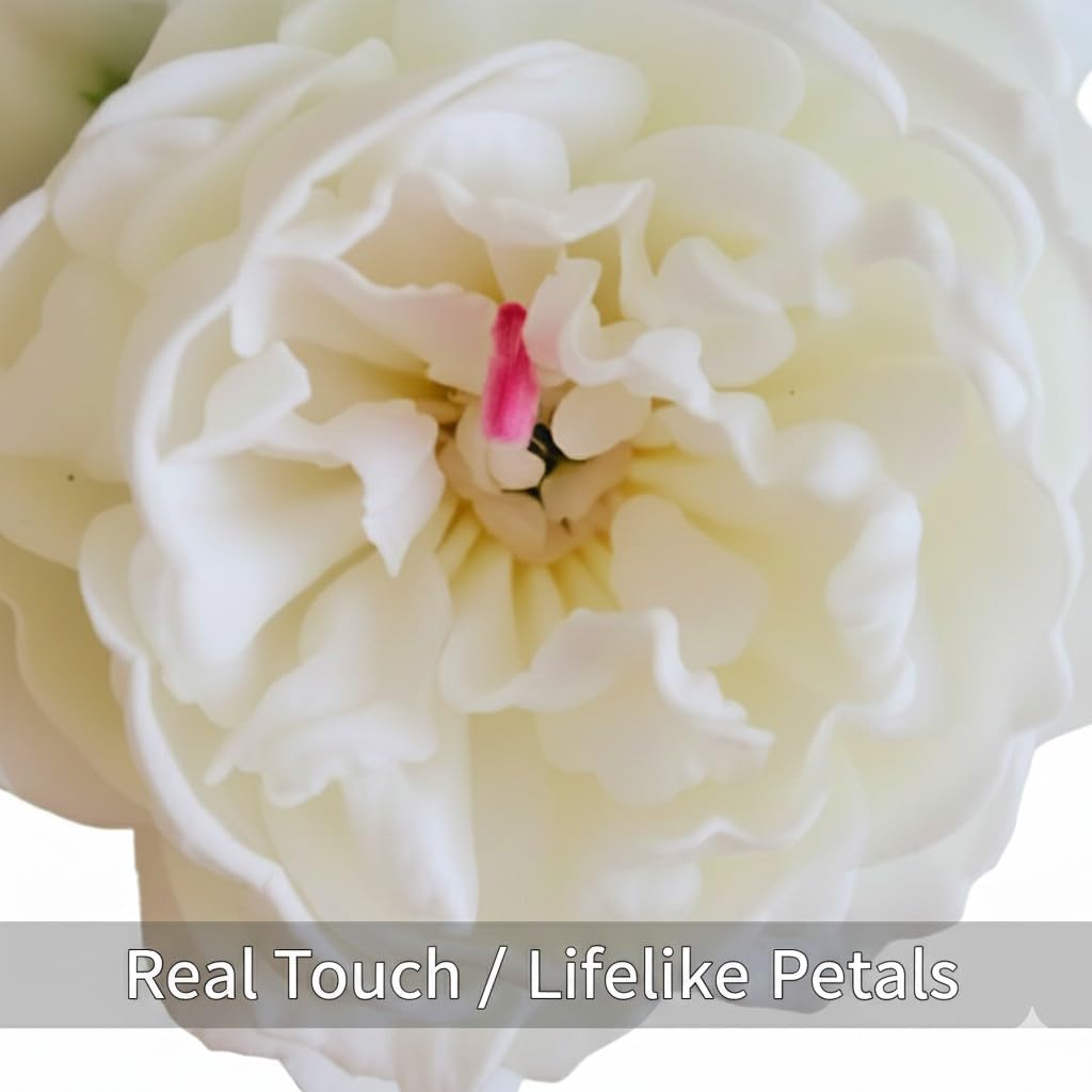 Floral Kingdom Artificial Peony Flowers 3-Pack White in Glass Vase with Faux Water - Real Touch Faux Flowers for Home Decor, Table Centerpieces