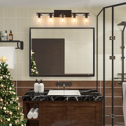 Image of Doltoro Black Vanity Light Fixtures, 5-Light Modern Bathroom Lights with Clear Glass Shade, Over Mirror Vanity Lighting