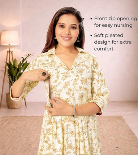 Image of Momenta Women's Pure Cotton Maternity Kurta Set | Feeding Kurti with Concealed Zippers | Maternity Dress for Pre & Post Pregnancy