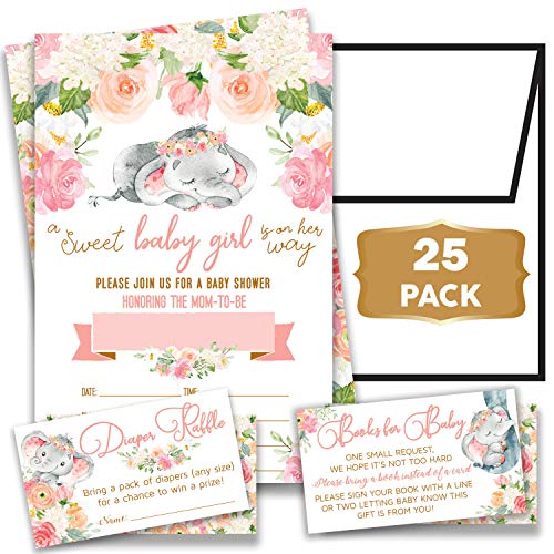 Baby Elephant Boho Floral - Baby Shower Invitations Girl with Envelopes and Diaper