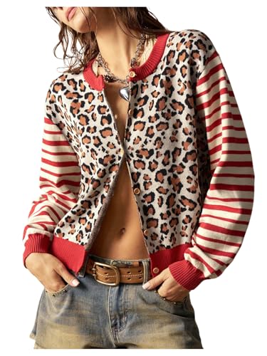 Women's Leopard Striped Cardigan Sweaters Button Down Long Sleeve Knit Outerwear