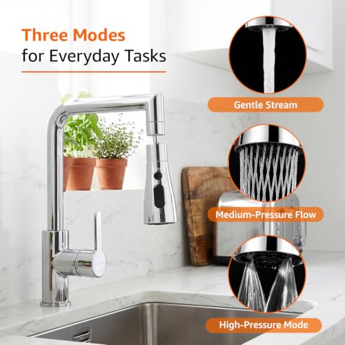Image of Amazon Basics Tap Extender | ABS Plastic Faucet Attachment with 3 Flow Modes | 720 Degree Rotation | for Hard-to-Reach Sink Areas [Chrome]
