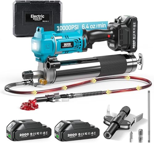 Seesii Pompe a Graisse Électrique: Efficacité Pistolet Graisseur 6,4 oz/Min 10000 PSI, Tuyau de 39.4'', 2 * 2,0 Ah Batteries avec Chargeur, Conçu pour...