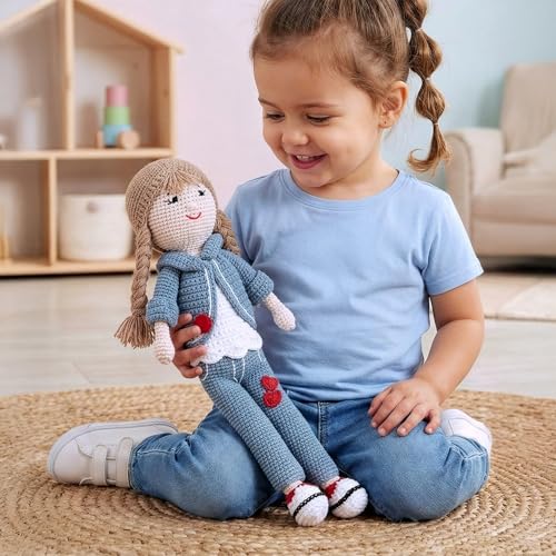 Image of Bonfino Premium Handmade Miss Helen Crochet Doll for Girls & Boys, Cute Knitted Cotton Doll for Babies, Baby Doll for Kids, Soft Toys, 6+ Months, Birthday Gift, Height 35 cm, Blue&White, BIS Certified