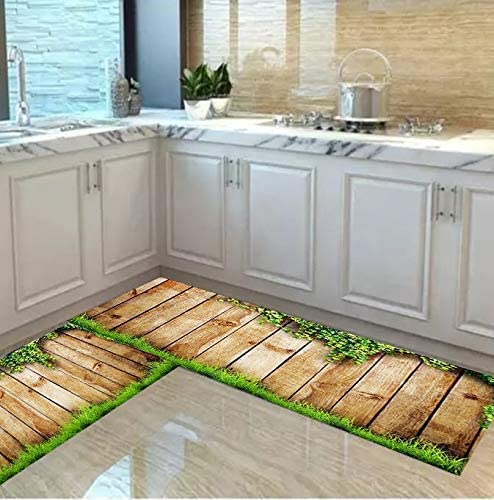 3D Printed Kitchen Mats Waterproof and Anti Slip Rubber Rectangular Floor Mat and Runner/Kitchen Mat (Pack of 2) (40/60CM, Beige Grass)