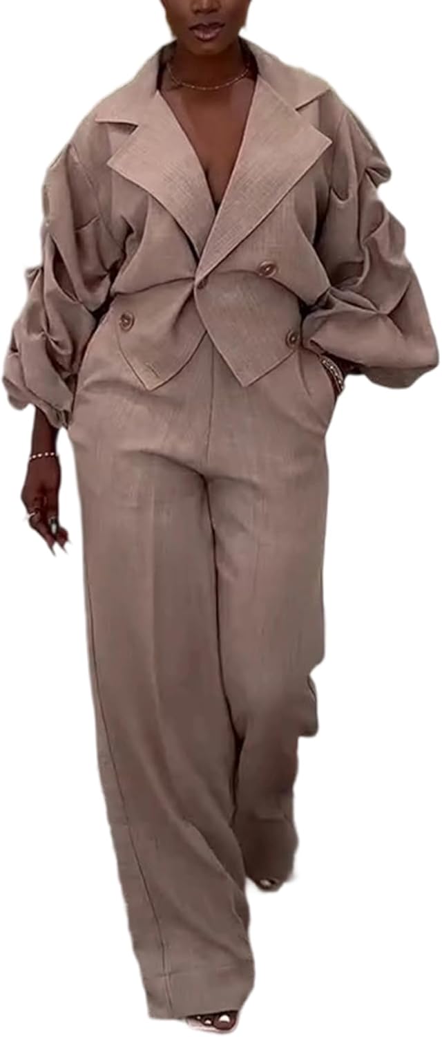 2 Piece Outfits for Women,Dressy Lantern Sleeve Jackets High Waisted Blazer Pants Set for Work Business