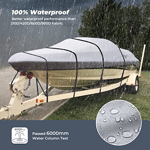 Rvmasking 1200D 100% Waterproof Trailerable Boat Cover Fits Bass Boat, V-Hull, Runabout, Fish&Ski, Tri-Hull, Heavy Duty Marine Grade Boat Cover Length: 17’-19', Beam Width Up To 96” #TOP1