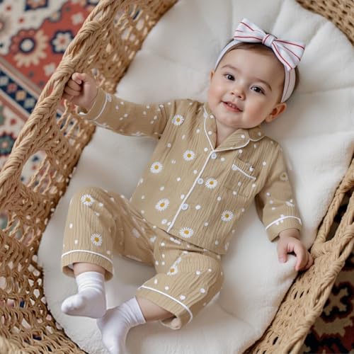 Kaipiclos Baby Girl Clothes Set Toddler Infant Girls Button-down Shirt Top Linen Pants 2PC Daisy Outfits 12 18 24 Month 3T 4T2