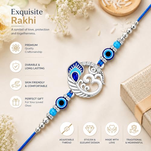 Image of Riddhika Ventures Religious Meenakari Om and Peacock Feather Rakhi With Roli Chawal And Greeting Card