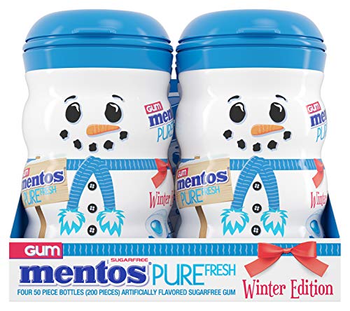 Image of Mentos Pure Fresh Sugar Free Chewing Gum, Fresh Mint Flavor, Holiday Christmas Stocking Stuffers for Adults & Kids, Winter Edition Snowman Bottle, Secret Santa, 50 Count (Bulk Pack of 4)
