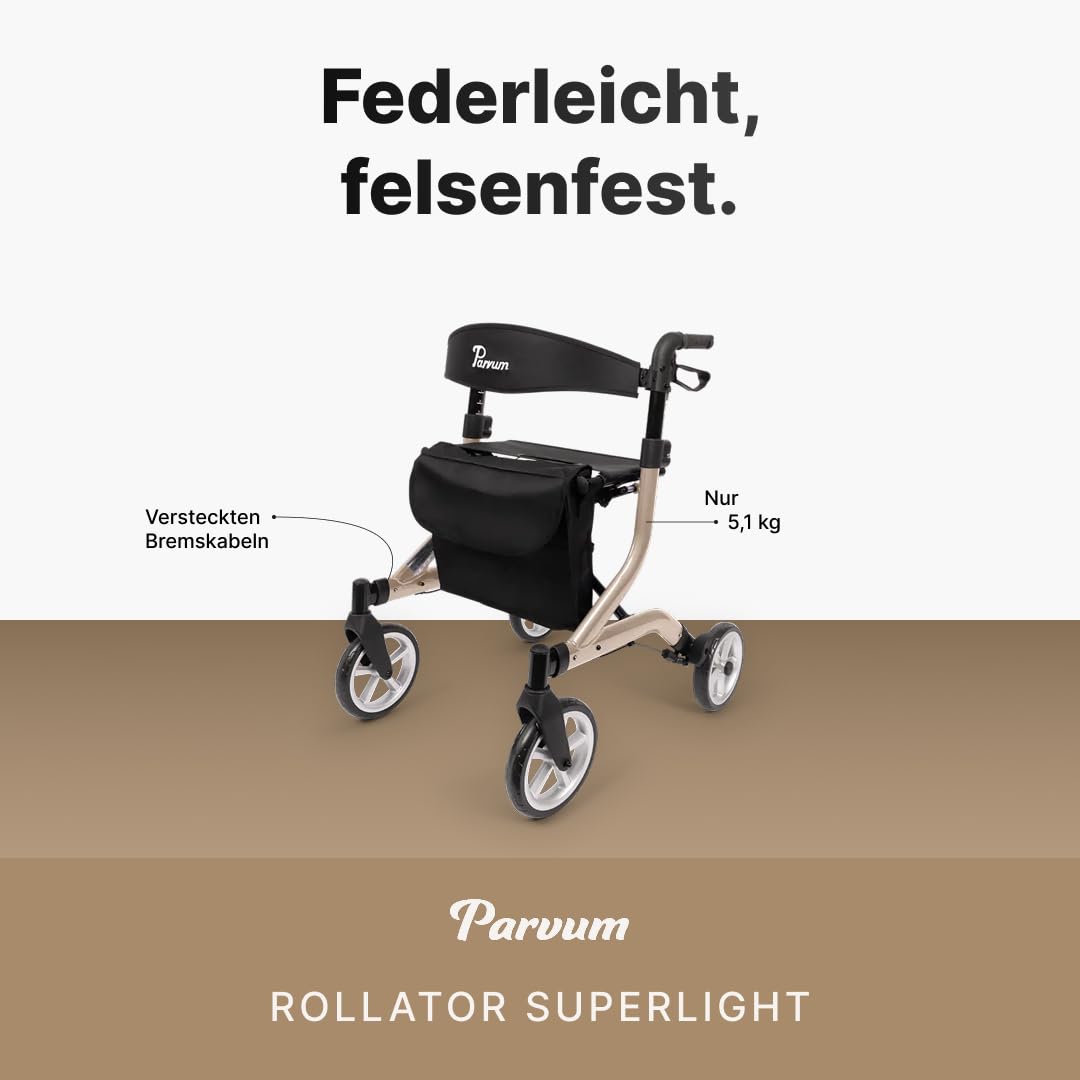 SuperLight Rollator – ultraleicht (5,1 kg), aus Aluminium, faltbar, (74 × 64 cm), mit Sitz & Rückenlehne, versteckten Bremskabeln – ideal für Alltag & Reise - Gehhilfe für Senioren - Champagner