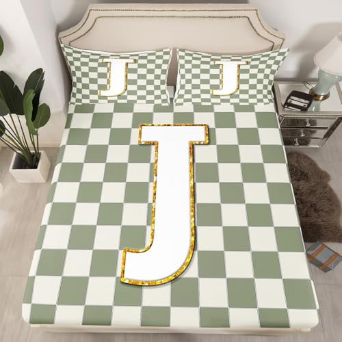 Image of Erosebridal Sage Green Checkered Bedding Set Queen Plaid Initial J Bed Sheets Personalized Monogram Sheet Set Kids Boys Girls,Fashion Grids Gingham Fitted Top Sheets 4 Piece
