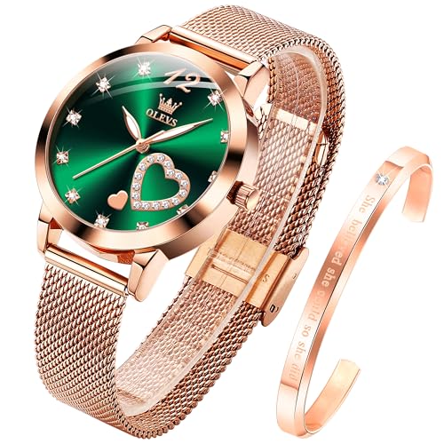 OLEVS Womens Watch Gift Set avec Bracelet Rose Gold Vert Ladies Minimaliste Minimaliste Slim Robe DéContractéE Analogique Montre à Quartz ImperméAble