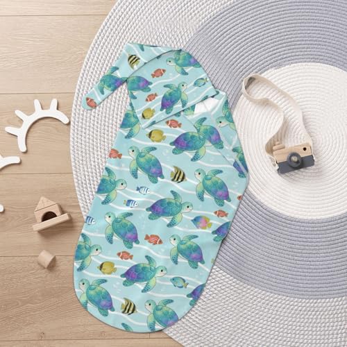 Image of Turtle Swaddling Blanket for Baby, Unisex Beach Baby Stuff with Hat