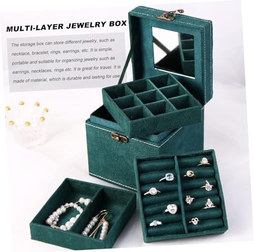 Image of Velvet Three Layer New Vintage Flannel Jewelry Box Earrings Earrings Rings Necklace Bracelets Jewelry Organiser Storage Case With Drawer For Girls Women Dark Green (AB-01)