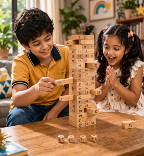 Image of MiniExplorer Toys & Games Wooden 54 pcs Tumbling Tower Party Game for Kids and Adults, Wooden Blocks with Dices Game|Indoor Stacking Puzzles Blocks for Families, Fun Balancing Toy for Boys & Girls