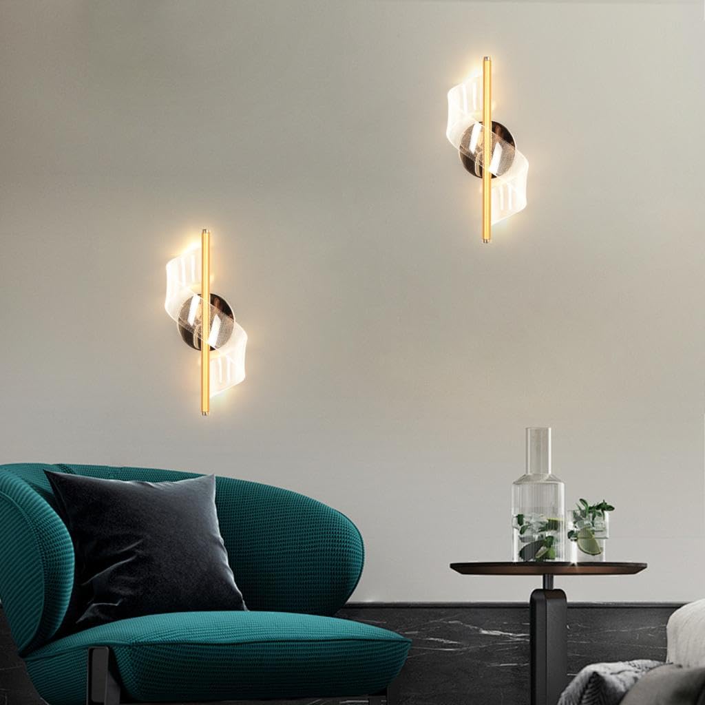 Lot de 2 Applique Murale LED Moderne, Or Lampe Murale Intérieur, Acrylique Luminaire Mural Pour Chambre Salon Couloir Escalier, 3000K Lumière Chaude