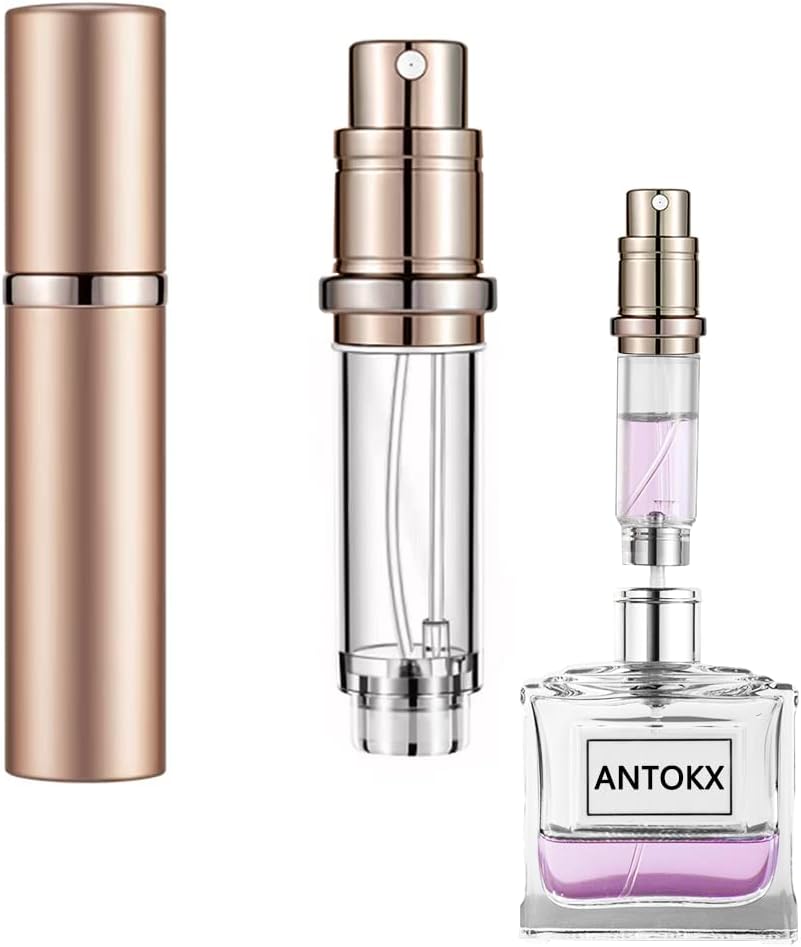 ANTOKXTravel Perfume Refillable Bottle Atomiser - 5ML Perfume Atomiser, Pocket Perfume Dispenser, Scent Pump Case, Leakproof Portable Perfume Sprayer for Women and Men (Rose gold)