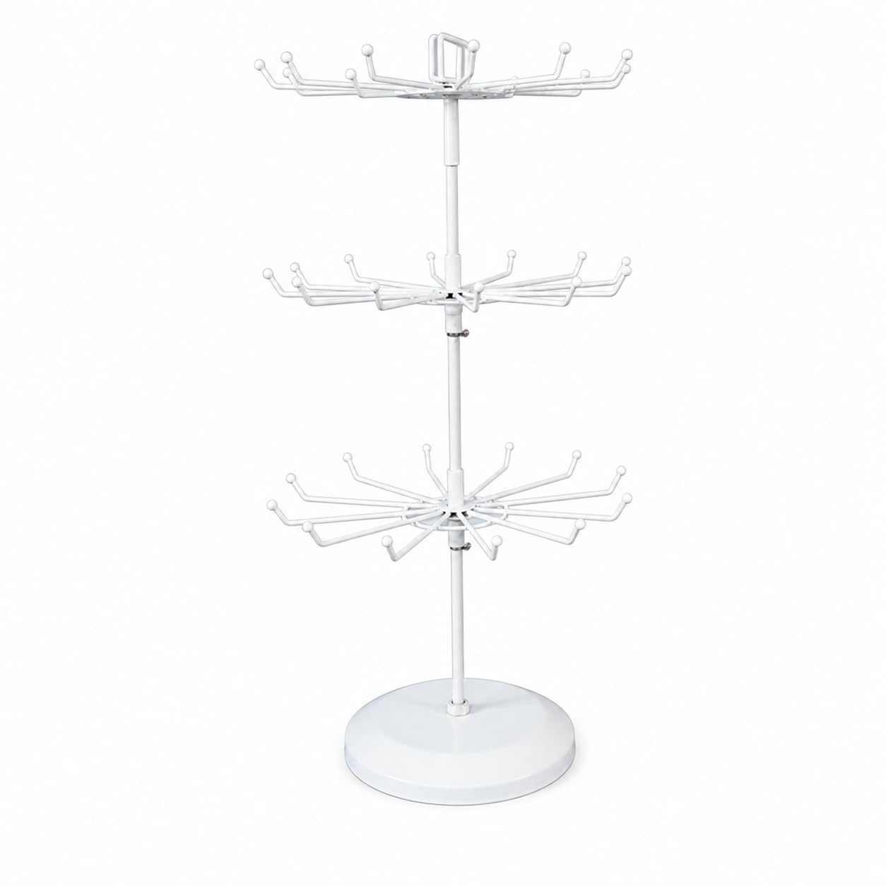 Espositore Rotante Porta Gioielli Supporto Stand Girevole con Ganci in Ferro Base Stabile per Collane Bracciali, Bianco, 3 strati, 36 ganci, altezza totale 46 cm