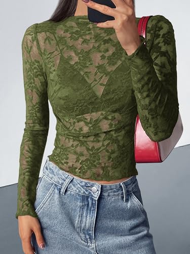 BTFBM Mesh Long Sleeve Tops for Women Lace Sexy Sheer Tight See Through Crew Neck Spring Fall 2026 Party Club Outfits