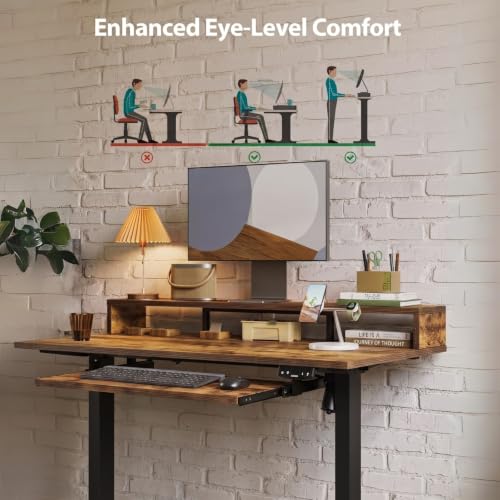 Image of TEKAVO Thron Electric Height Adjustable Table with Moniter Riser & Keyboardtray I Standing Desk I Workstation for Home Office I Work Table for Laptop pc (120Lx60Wx70to120H CM) Forest & Black I DIY