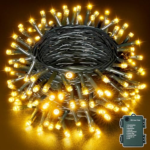 Ollny Fairy Lights Battery Operated 10m 100 LEDs Battery Powered String Lights Warm White Outdoor Lights Waterproof with 8 Modes/Timer for Indoor Bedroom Outside Garden Tree Decorations