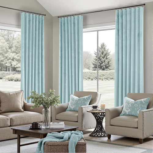 Image of Extra Long Light Blue Velvet Blackout Curtains 108 Inch Length 2 Panel for Large Window Living Room Spring Back Tab Pocket Cold Blocking Heavy Ceiling Floor Winter Drape for Bedroom Patio Sliding Door