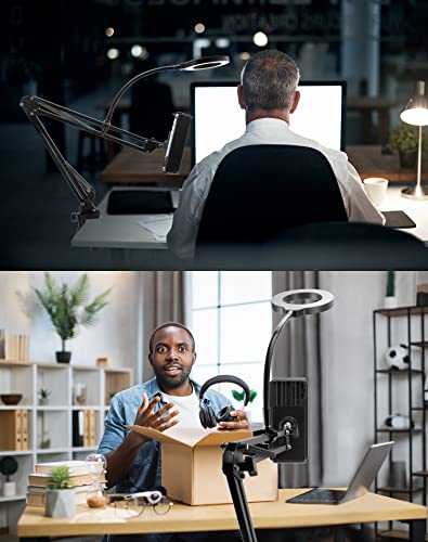 QWORK® Phone Mount with Ring Light, Phone Holder Stand, Phones Mount Clamp on Desk, for Live Stream,Video Recording,Online Teaching