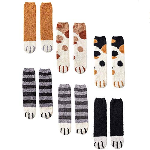 CNNIK 6 Pares Calcetines de mujer para el invierno lindos calcetines de pata de gato de lana de dibujos animados de novedad linda para mujeres niñas damas