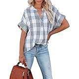 Generic Damen Kurzarmhemd Mode Kariert Colorblock Print V-Ausschnitt Lose All-Match Casual Pullover Top Europa und Amerika L