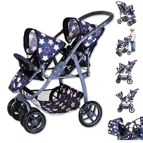 Knorrtoys 16443 - Cochecito Doble para muñecas Milo - Star Blue Pink