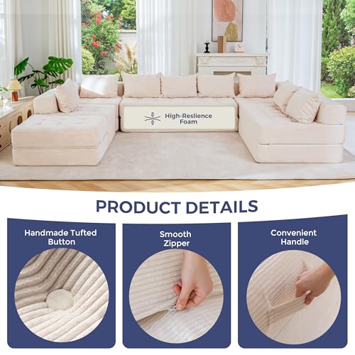 Image of MAXYOYO Modular Sectional Sofa Couch, Foldable Oversized U Shaped Cloud Couch with Pillows, Tufted Boneless Lounger Floor Sofa Bed for Living Room, No Assembly Required, Beige