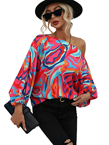 GORGLITTER Women's Colorful Off Shoulder Work Blouse Top Long Sleeve 70s Asymmetrical Neck Business Casual Shirts