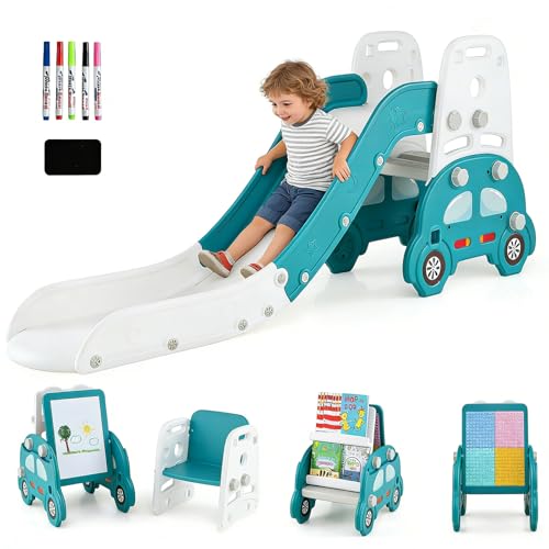 DREAMADE 5 en 1 Toboggan Enfant Pliable avec Chevalet d'art, Tabouret, Bibliothèque, Tableau Blanc Double Face & Support pour Blocs de Construction, Aire de...