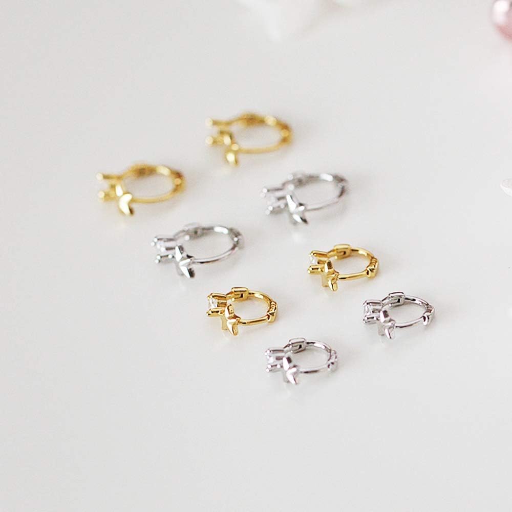 Cute CZ Star Cartilage Mini Tiny Cuff Small Hoop Earrings for Women Teen Girls Sensitive Ear S925 Sterling Silver Dainty Tragus Huggie Hoops Sleeper Hooped Hypoallergenic Piercing Jewelry Gifts Bff - Image 2