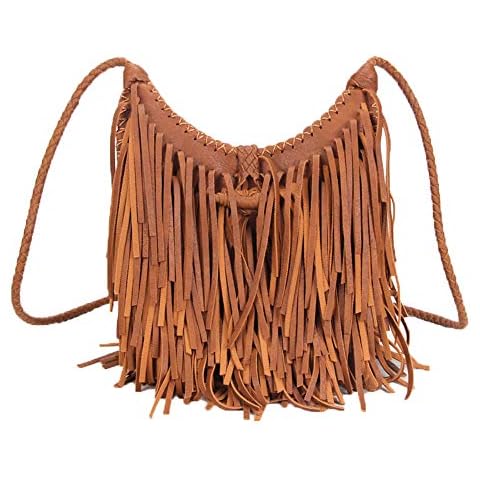 NIGEDU Women Tassel Shoulder Bag PU Leather Bohemian Fringed Crossbody Handbag Vintage Messenger Bags, Brown, One Size Cover