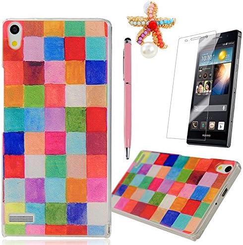 MOLLYCOOCLE Fashion Style Transparent Painted PC Phone Back Cover with Multi-colored Check Pattern for Huawei P6+1x Stylus Pen+1x Dust Plug+1x Screen Protector