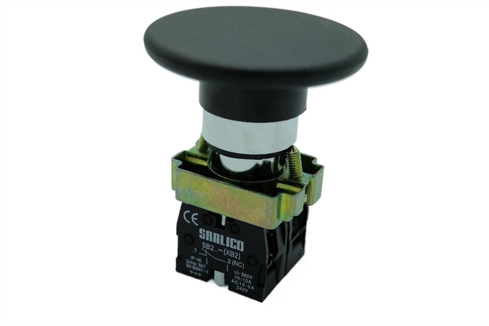 Interruptor de botón pulsador de cabeza de seta de parada de emergencia de Metal SB2 LA68B XB2-BR42 BR45 resorte momentáneo Ø22mm(Black,1NO AND 1NC)