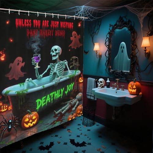 Funny Skull Skeleton Shower Curtain for Scary Halloween Decorations Gothic Spooky Ghost Pumpkin Waterproof Fabric Shower Curtains with Hooks for Horror Bathroom Decor Haunted House Props 72x72Inch - image 2