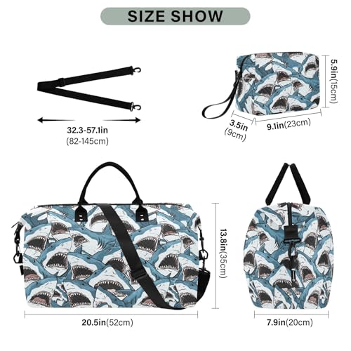 Shark Cartoon Funny Blue Large Travel Duffle Bag Weekender Overnight Bags Gym Yoga Bag for Women Men with Toiletry Bag3