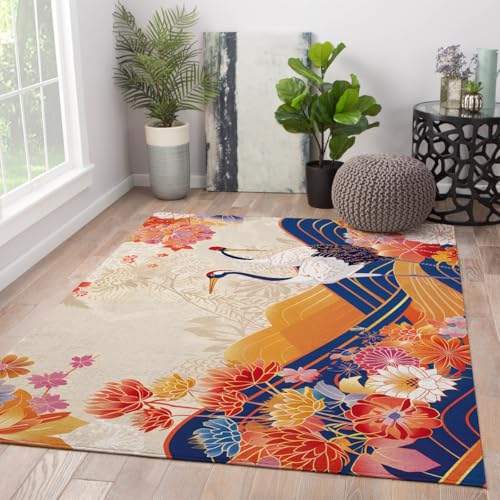 Tapis lavable 200x300 cm grand format floral grue vintage antidérapant