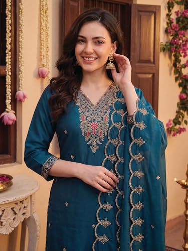 Image of INDO ERA Women's Silk Blend Embroidered Thread Work Kurta & Pant with Dupatta Set | Suit Set For Women